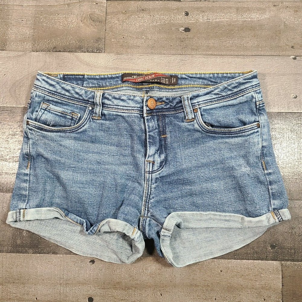 Zara Jean Shorts Womens 2 Blue Hot Pants Low Rise TRF Collection Zip Denim